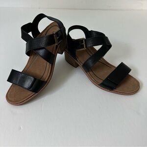 Aetrex Black Leather Strappy Block Heel Sandals